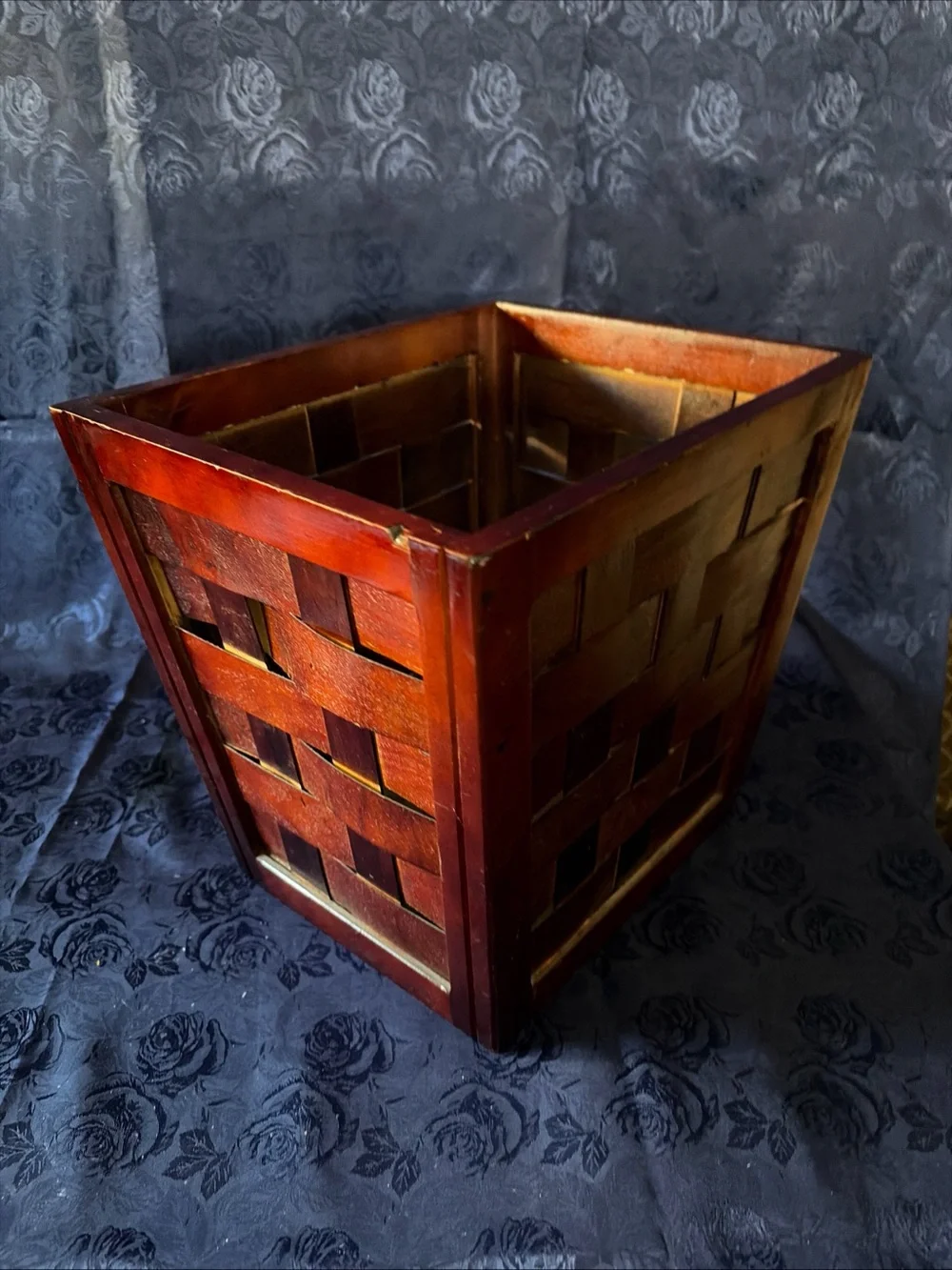 Dark Wood Woven Waste Basket-9”W x 11”L x 10”H